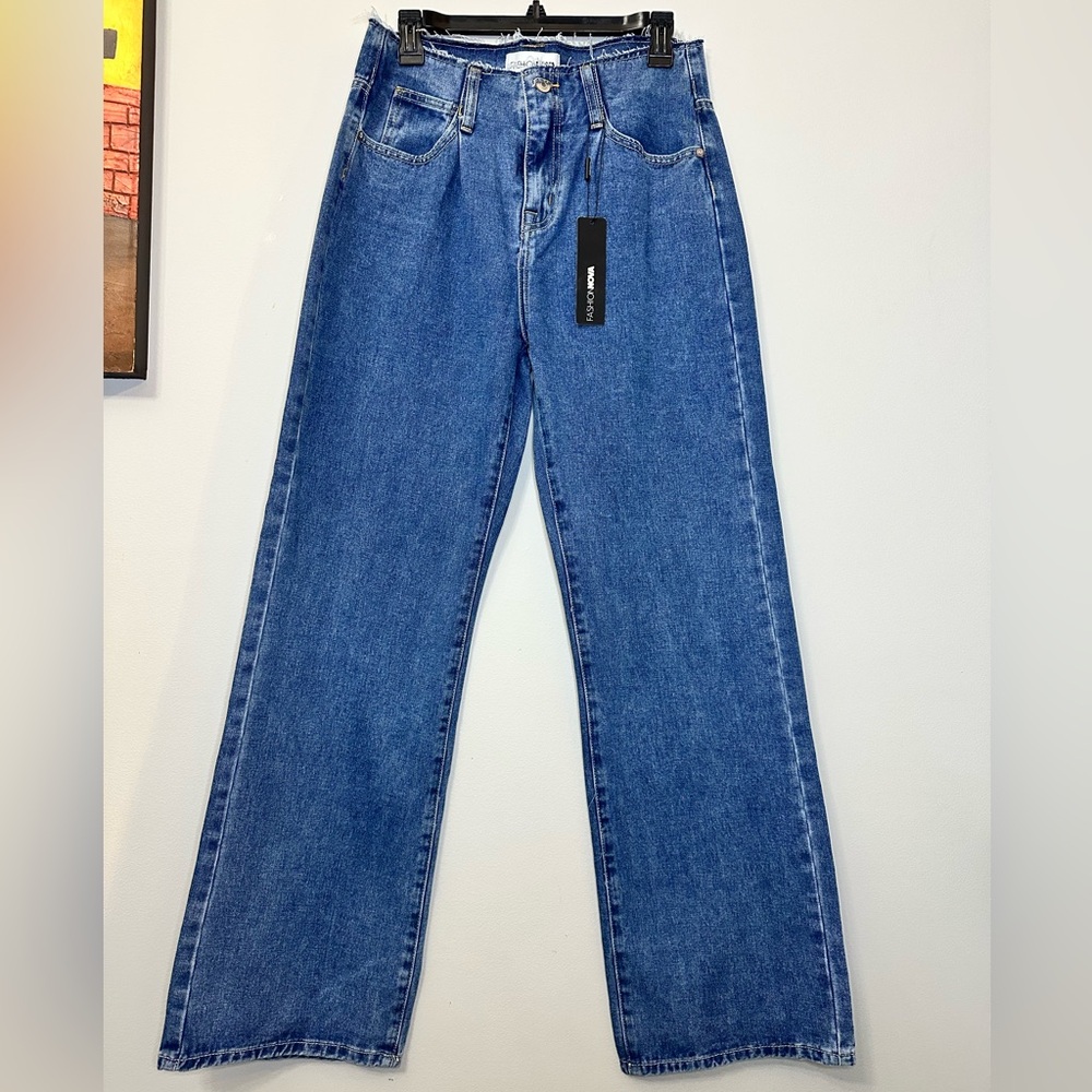 Fashion Nova Uphill Cut Off Waistband Baggy Medium Blue Wash Jeans Size 7 New